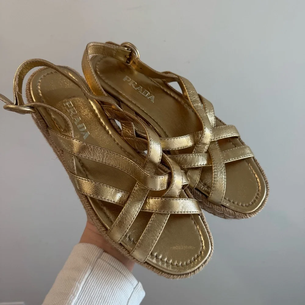 Prada Strappy Gold Leather Platform Espadrilles‎ Size 37.5